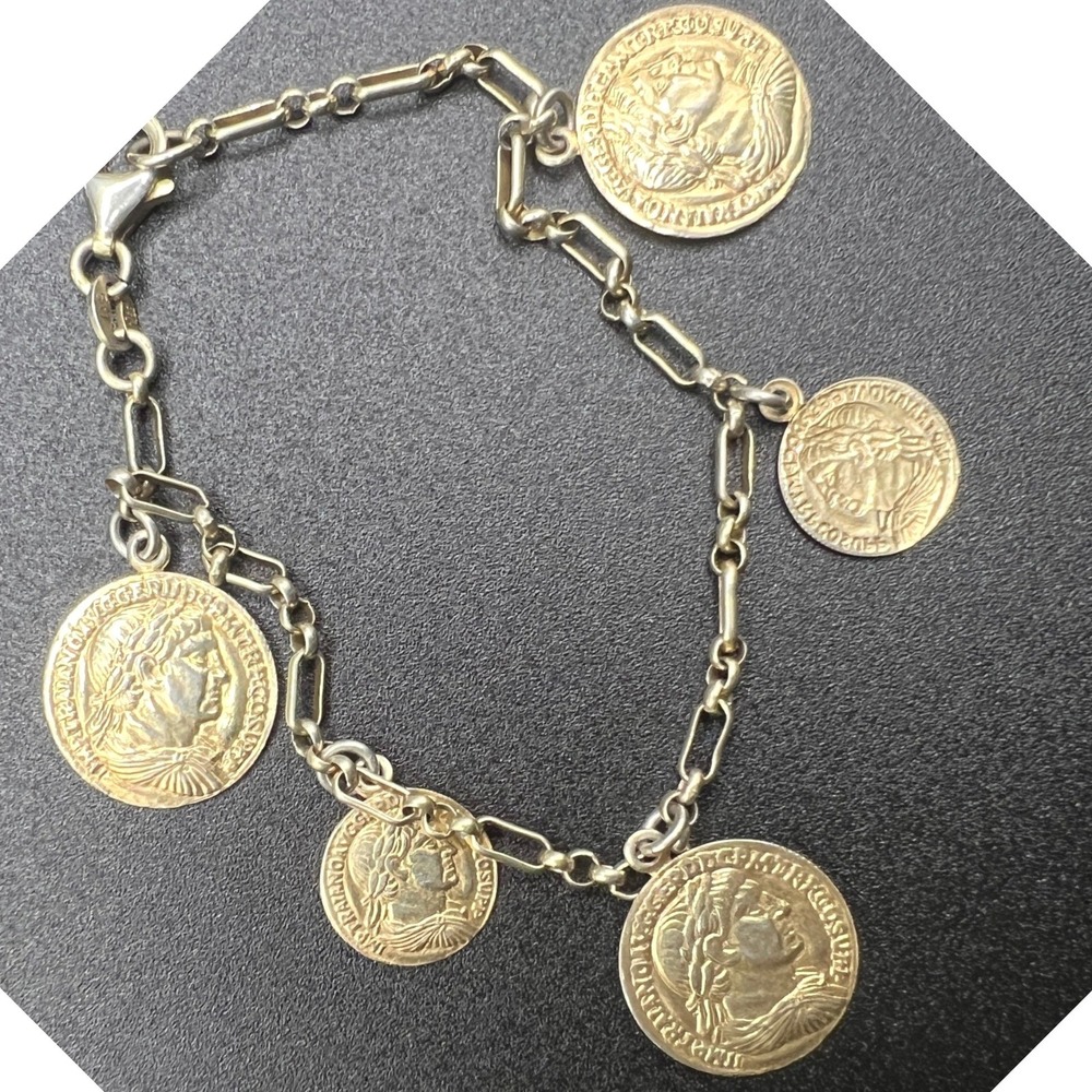Italy Sterling Silver Faux Coin Bracelet Gold Tone 6.5g Sz 7